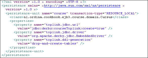 De add-methode geeft een voorbeeld van het opslaan van een nieuw object in de database. Na het aanroepen van de persist-methode wordt newcourse een door de persistence context gemanaged object.