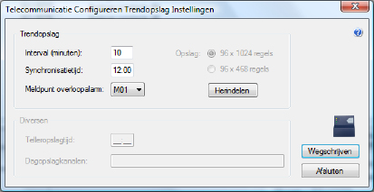 Telecommunicatie Configureren Trendopslag Instellingen Met behulp van dit programma kan de Interval (in minuten) worden ingegeven. Trendopslag heeft een variabele interval van 1 tot 999 minuten.