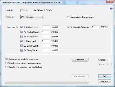 Telecommunicatie Configureren Adrestabel genereren BACnet Dit programma wordt gebruikt om datapunten van BACnet regelaars in te lezen voor gebruik binnen de adrestabel.