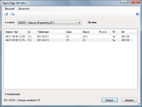 Rapportage Mutaties Alle mutaties die met het programma OtcNet (of de browser bij een Optinet) in een regelaar zijn uitgevoerd, kunnen lokaal worden opgeslagen in het zogenaamde mutatielog.