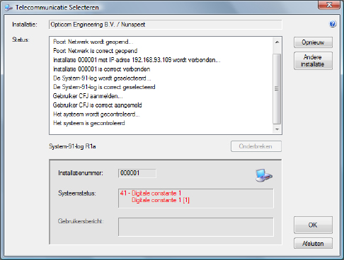 Handleiding OtcNet Bedienen Telecommunicatie Selecteren On-Line Het selecteren van een installatie betekend verbinding maken met een Otcunit (Optilog, System-91-log/com of Optinet) of in bepaalde