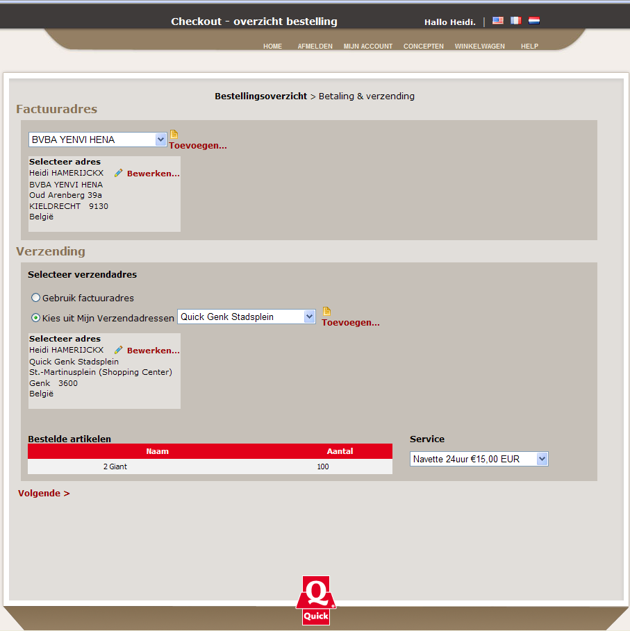 Op dit scherm verschijnt automatisch het factuur- en verzendingsadres en de transportkost.
