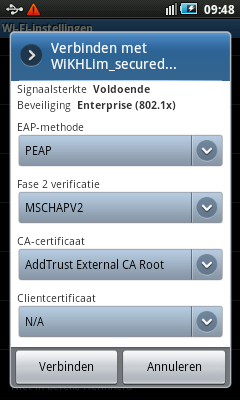 Configureer de netwerksettings nu als volgt: EAP-methode: PEAP Fase 2 verificatie: MSCHAPV2 CA-certificaat: AddTrust External CA Root Clientcertificaat: N/A Identificatie: