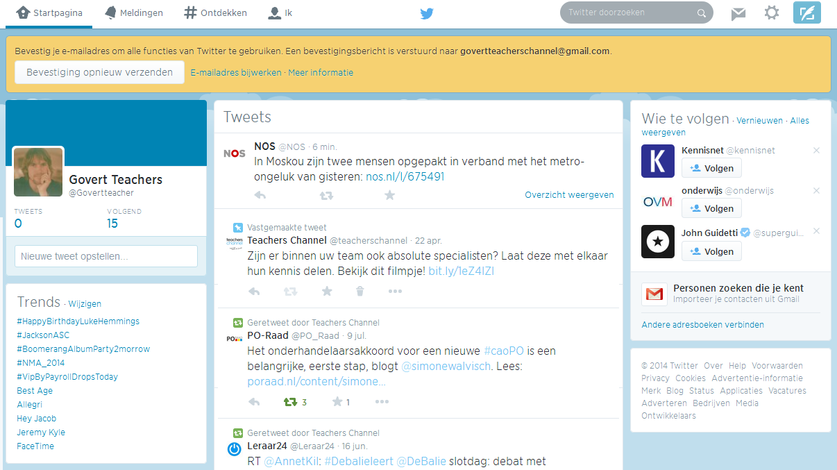 Stap 5 Hieronder zie je de overzichtspagina van Twitter. De eerste keer dat je op deze pagina komt, wordt de bovenste melding weergegeven (1). Je dient in je mailbox je Twitteraccount te bevestigen.