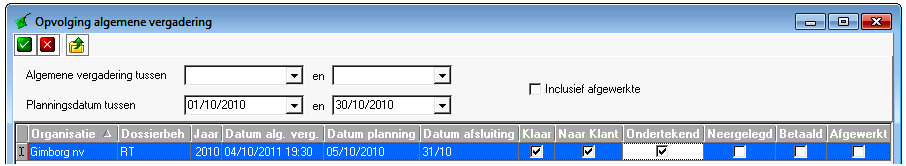 Met de nieuw-knop vult de beheerder de datum in van de fiscale aangifte. Als de nodige werkzaamheden uitgevoerd werden kan de beheerder deze aangeven op het verrichtingsscherm Algemene Vergadering.