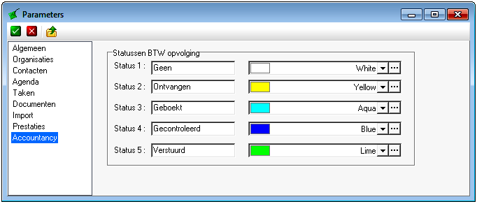 4.1. Wings CRM Accountancy parameters 4.1.1. Parameters BTW-Opvolging in de menubalk. Op het volgende scherm kan de gebruiker de parameters voor Wings CRM Accountancy selecteren.