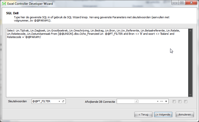 Voor draatabel voegen we aan de SQL statement het veld @@PT_FILTER toe, deze parameter wordt automatische gevuld zodra u op de