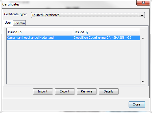 Van belang zijn onder de tab User : Het certificaat type Signer CA en Het certificaat type Trusted Certificates Bij User -> Signer CA : het Verisign Intermediate Certificaat Als hier staat VeriSign