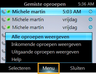 2 Selecteer Menu in het scherm Alle oproepen om de oproepen te sorteren.