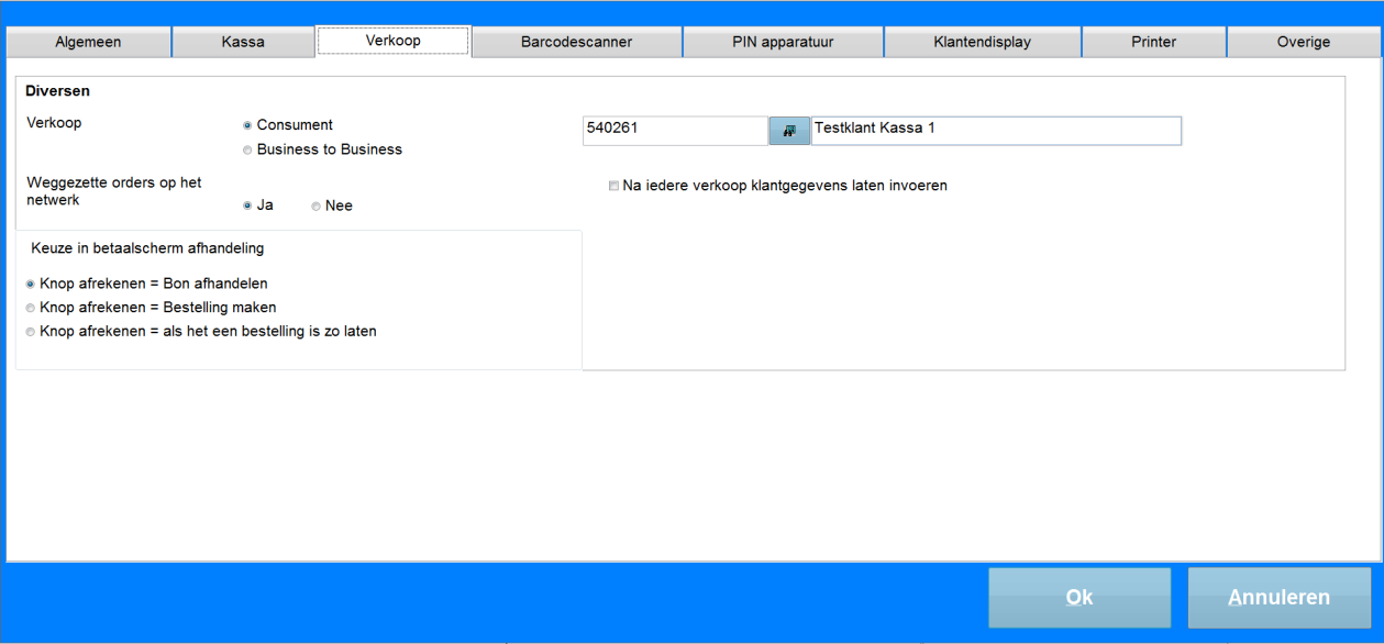 Het tabblad Verkoop wordt gebruikt voor de volgende instellingen. Verkoop algemeen: Wordt er aan deze kassa voor consumenten verkocht of aan bedrijven.