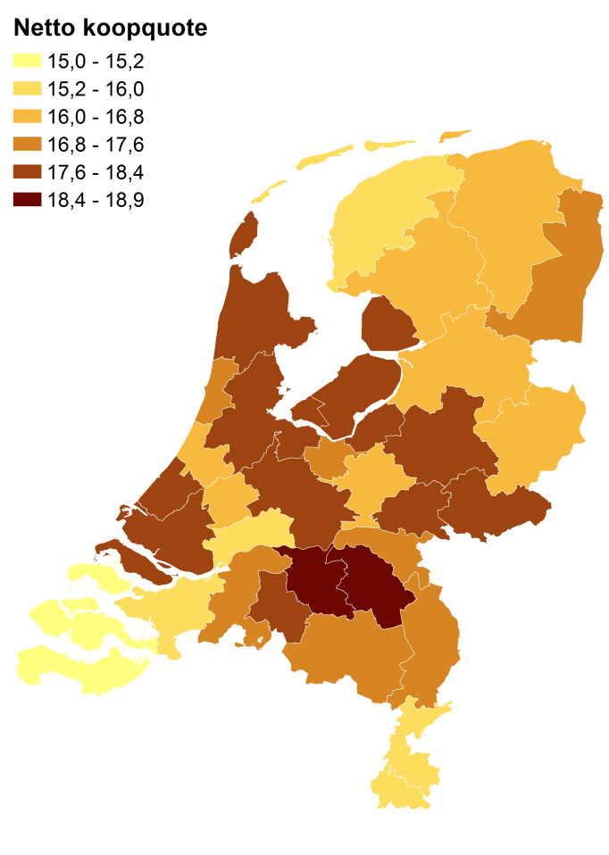 Figuur 4.16: Netto koopquote naar woningmarktgebied (2012) Bron: WoON 4.