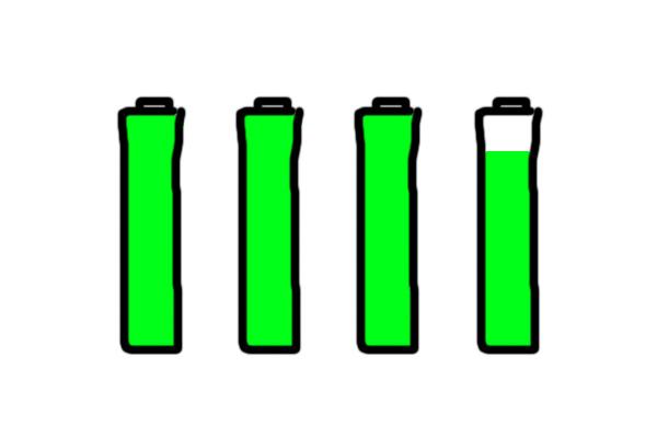 Goed opladen Om dat te bekijken, beginnen we bij het ontladen van de batterijen via de flitser: Je moet je voorstellen dat je vier volle batterijen in je flitser hebt.