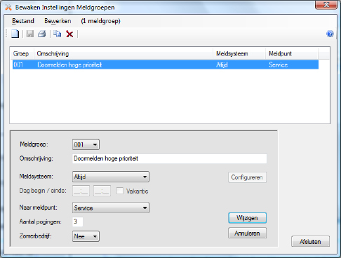 Bewaken Instellingen Meldgroepen Meldgroepen worden gebruikt om (alarm) meldingen in te delen voor het doormelden naar verschillende meldpunten.