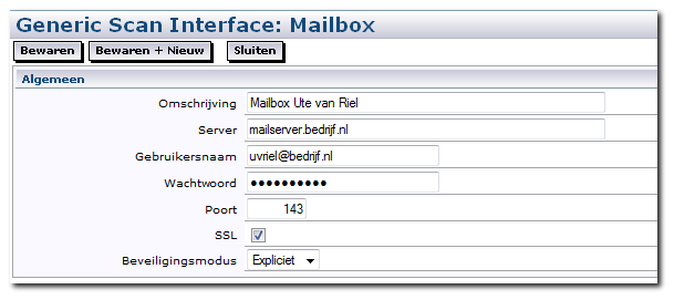 4.6 Onderhoud Mailboxen Wanneer u gaat naar Add-on Inrichting Generic Scan Interface: Mailboxen verschijnt een overzicht van alle ingestelde mailboxen waaruit de mail via de Generic Scan Interface