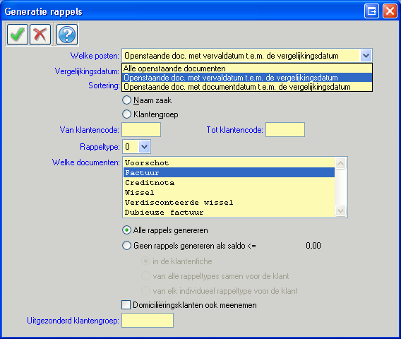 De bestaande optie Alle openstaande documenten kiest u wanneer alle openstaande documenten van de klant op de aanmaning afgedrukt moeten