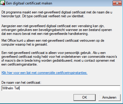 1. Maak een certificaat aan voor VBA. Het maken van een certificaat is noodzakelijk vanwege de beveiliging van Microsoft Outlook.