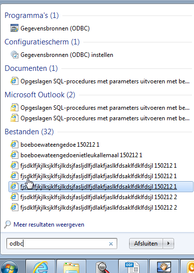 Afbeelding 3: ODBC-gegevensbronnen opstarten Dit kan het beste door te drukken op de Start-toets en dan te zoeken naar ODBC.