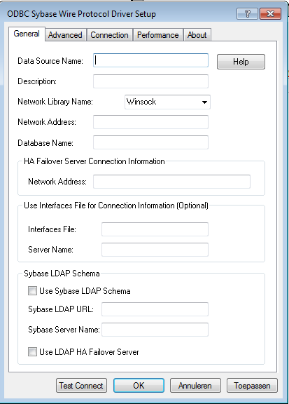 Afbeelding 7: ODBC Sybase Wire Protocal Driver Setup scherm WAAR Inhoud Data Source Name Sybase of een andere name zoals in tabel 2 Network Address Het IP-adres van de database server, waarbij met