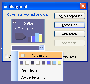 Opdracht: Achtergrond aanpassen De achtergrond van de dia is wel in orde. Toch zou je er nog wat aan kunnen doen. Je wilt misschien een mooiere achtergrond kiezen.