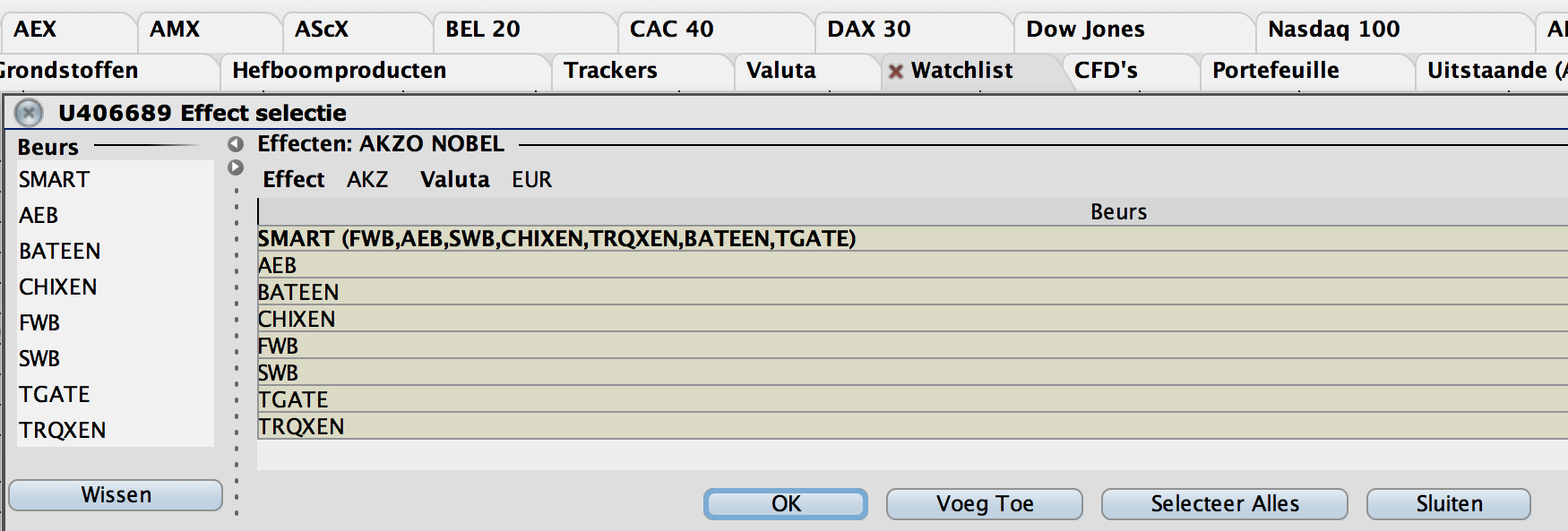 EFFECTEN TOEVOEGEN 05 Let op: In het geval van aandelen kunt u kiezen tussen SMART en Kies Specifieke Beurs: Wanneer u voor SMART kiest, zoekt het handelsplatform automatisch voor u de beste bied- en