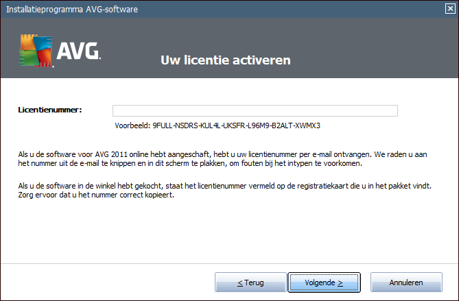 4.2. Uw AVG-licentie activeren In het dialoogvenster Licentie activeren wordt u gevraagd uw licentienummer in het tekstveld in te voeren.