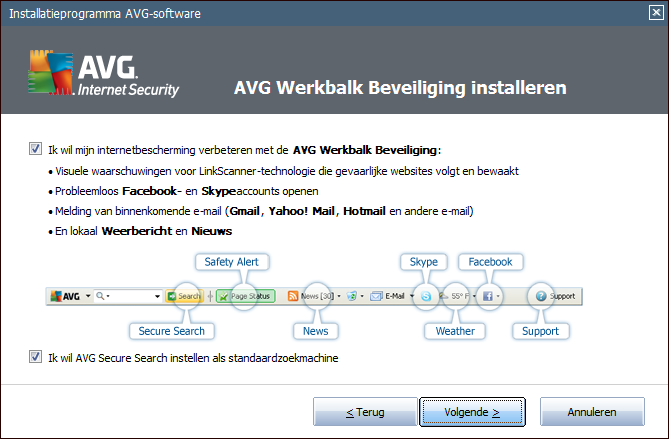 4.5. De AVG Werkbalk Beveiliging installeren In het dialoogvenster De AVG Werkbalk Beveiliging installeren bepaalt u of u de AVG Werkbalk Beveiliging wilt installeren.