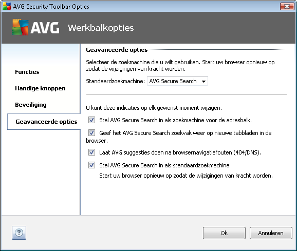 met behulp van selectievakjes kunt aangeven welke functionaliteit van de AVG Werkbalk Beveiliging u wilt gebruiken: AVG-browserveiligheid - schakel met deze optie de services Search-Shield en/of