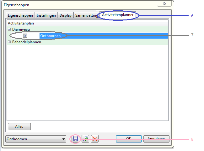 6) Klik op het tabblad activiteitenplanner 7) Zet een vinkje voor het activiteitenplan onthoornen 8) Sla de instellingen op met de knop preset opslaan Ten slotte gaat u de eigenschappen van de