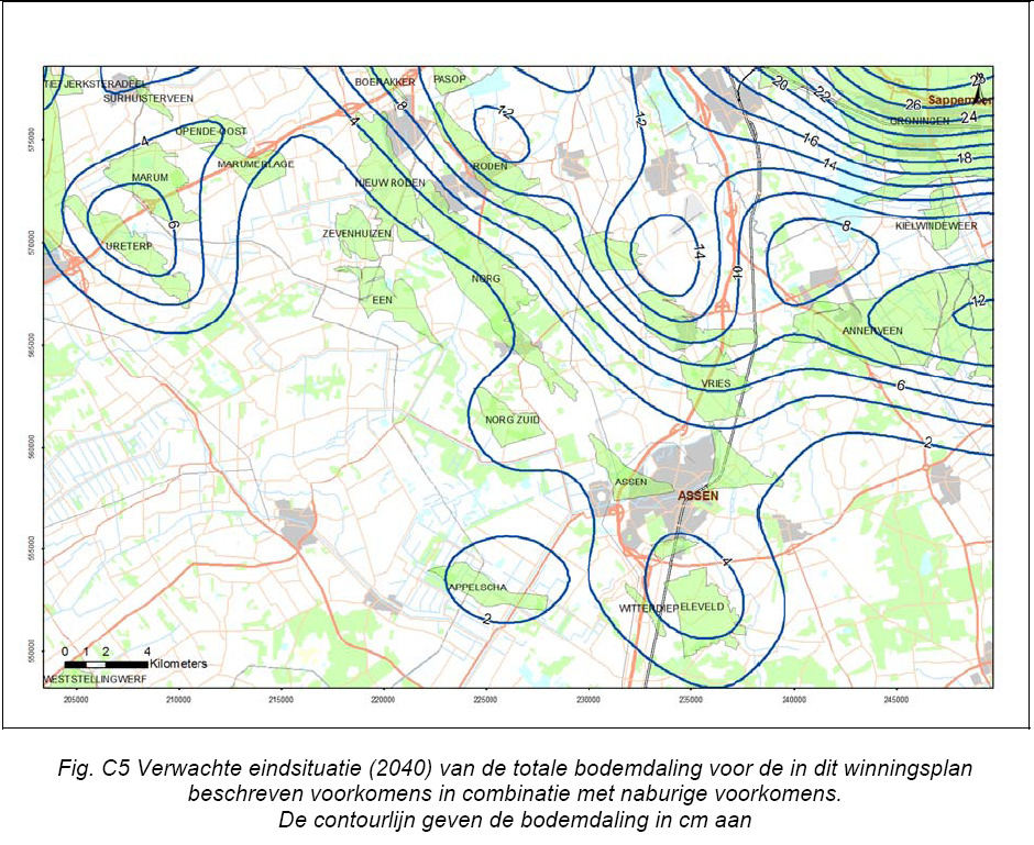 Effecten 5a) Bodemdaling Conventionele gaswinning leidt tot een afname van de druk in het reservoirgesteente. Hierdoor wordt de porieruimte in het gesteente deels dichtgedrukt en daalt de bodem.