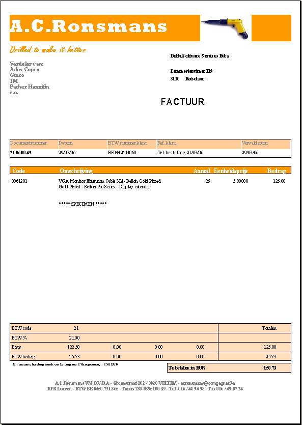 Basismodule Facturatie Aanvullende opties: Link boekhouding : export van de verkoopsgegevens of automatische doorboeking van de facturen naar de boekhouding toe (indien module Delta Boekhouding).