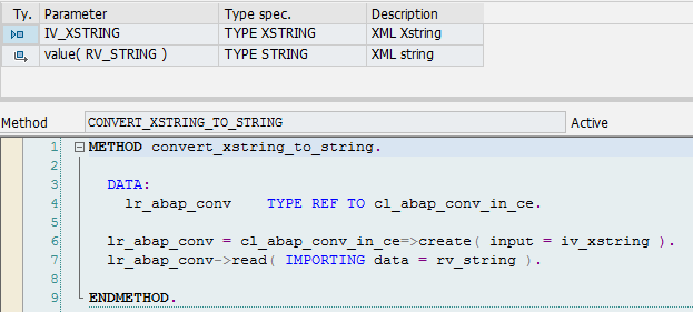 5) Methode CONVERT_STRING_TO_XSTRING Deze methode in de ABAP-class kan het string object terug geconverteerd worden naar een Xstring versie.