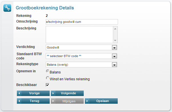 Menu: Setup Wizard > Rekeningschema > Grootboekrekeningen Het overzicht met alle grootboekrekeningen wordt getoond.