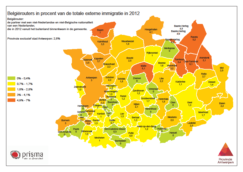 In totaal was in 2012 2,6% van de migranten in de provincie Antwerpen Belgiërouter. Er zijn echter verschillen tussen de gemeenten zoals onderstaande kaart aantoont: Kaart 1.