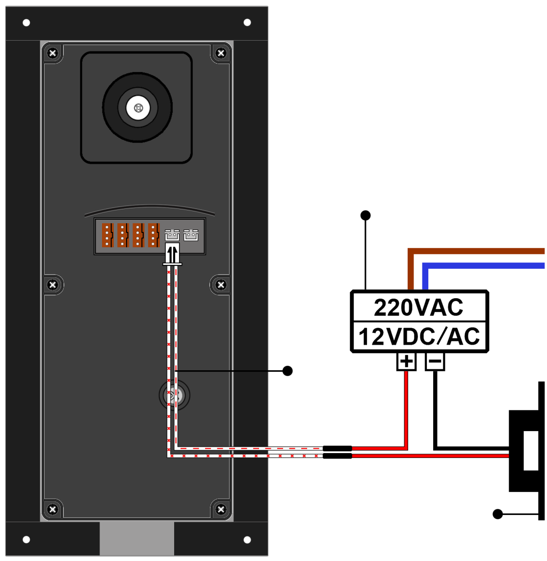 7 Elektrische deuropener Buiten unit AC-563 biedt een potentiaalvrij contact voor de schakeling van een externe voeding die een elektrische deuropener van spanning voorziet als het potentiaalvrij