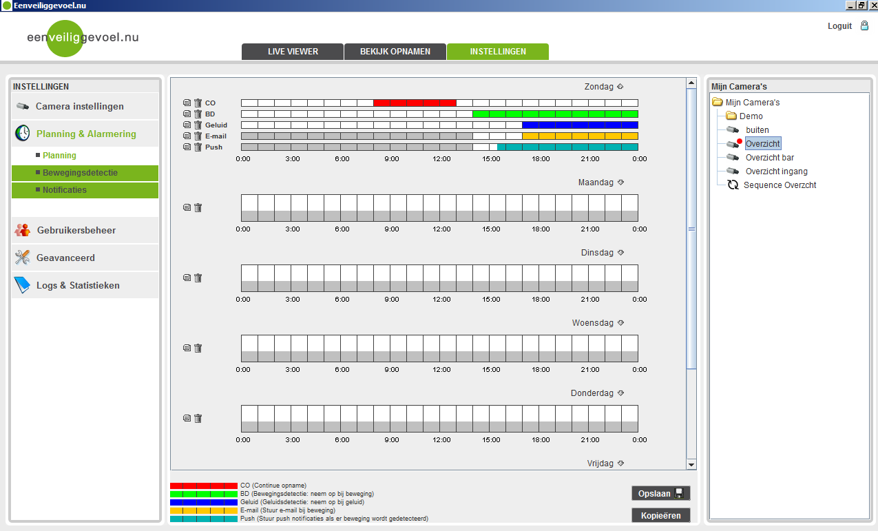 Planning en Alarmering: 1. Planning Bij Instellingen Planning & Alarmering kunt u instellen wanneer u wilt dat welke camera gaat opnemen. Dit kan constant of op basis van bewegingsdetectie zijn.