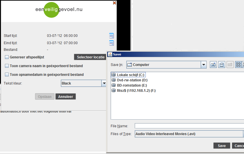Exporteren van opnamen Na het klikken op de export button krijgt u het volgende scherm te zien: Starttijd: Hier staat de begintijd van het in de Beschikbare intervallen lijst geselecteerde interval.
