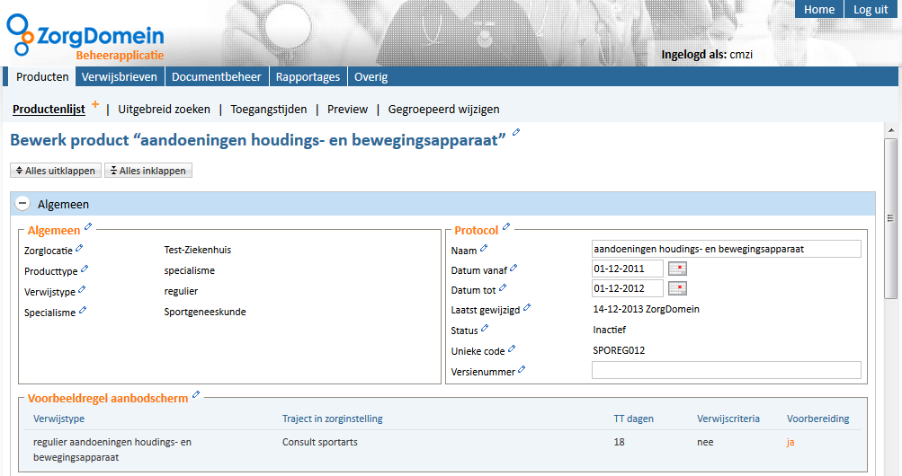 4.4 Hoe inactiveer ik een zorgproduct? Het is mogelijk een zorgproduct te inactiveren. Dit product is dan niet zichtbaar voor de verwijzer, tot het moment dat u het product weer activeert.