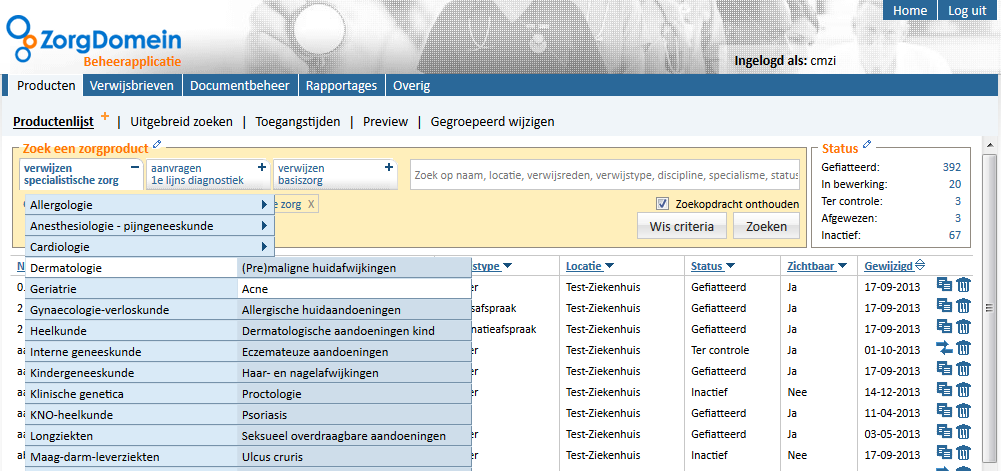 a. Gebruik van tabbladen Door middel van het gebruik van de tabbladen kunt u zoeken op producten die gekoppeld zijn aan een verwijs/ of aanvraagreden.