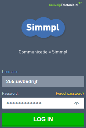 2. Inloggen op Simmpl Inloggen op Simmpl doet u op het volgende adres: http://panel.callvoip.nl. Gebruik de username (gebruikersnaam) en het password (wachtwoord) van het klantgegevensformulier dat u van CallvoipTelefonie heeft ontvangen, en klik op [log in].