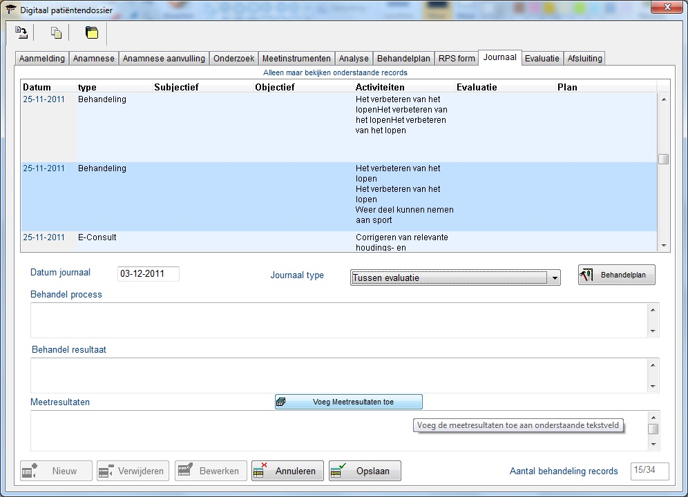 In het journaal heeft u de mogelijkheid om het behandelplan erbij te roepen. Dit kan als u op de knop [Behandelplan] drukt. Rechtsboven ziet u de, in het behandelplan gekozen, subdoelen staan.