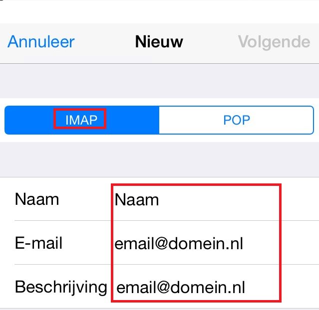 Stap 4 Kies hier voor IMAP en controleer de gegevens bij Naam, E-mail en Beschrijving.