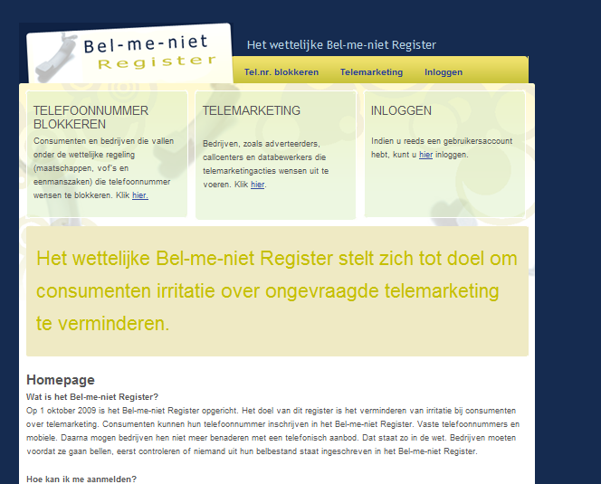 Figuur: Screendump van de homepage van www.bel-me-niet.