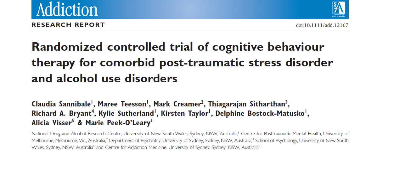 Recente studies Verslaving & PTSS-II 2013 N=99 (poliklinisch) TAU vs TAU + schrijftherapie Sign. afname PTSS en middelengebruik in beide condities. Sign. meer afname PTSS in schrijfconditie (completers).