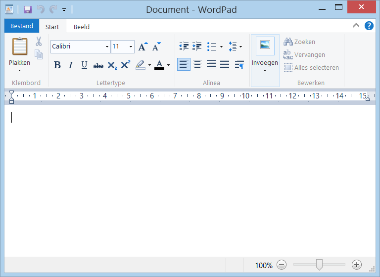 24 Windows 8 schakelt automatisch over naar het bureaublad: U ziet het venster van WordPad: Op de taakbalk is nu een taakbalkknop verschenen : Net zoals in voorgaande versies van Windows kunt u de