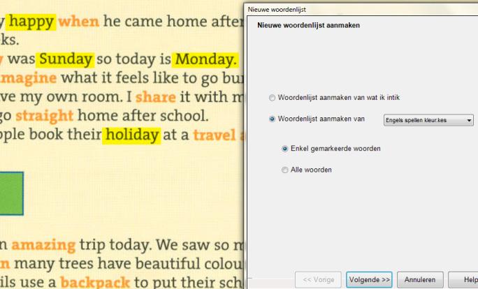 In het scherm verschijnt dan je gemaakte zwevende woordenlijst. Als je een woord hebt gebruikt in je tekst krijgt het een kleur. Je kunt ook woordenlijsten maken vanuit een bestaand document.