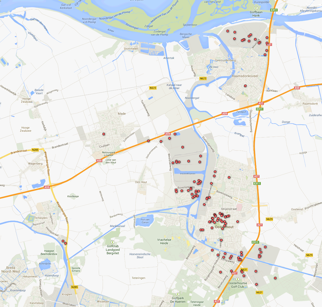 Op de onderstaande kaart is te zien wat de exacte locatie is van de bedrijfsobjecten (bedrijfs-, kantooren winkelruimte) die eind juni in de Amerstreek te huur en / of te koop stonden.