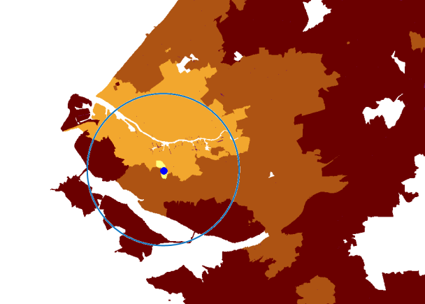 bereik van de 120 minuten reistijd vallen. Maar omdat hier dus geen gegevens beschikbaar over zijn, moeten ook deze gebieden buiten de berekeningen gelaten worden.