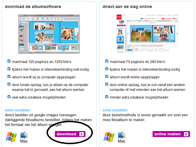 De start, het downloaden van de software Ga naar http://fotoalbum.hema.nl, bovenin de pagina vindt u de paarse knop genaamd: begin direct. Als u op de knop klikt, verschijnt er een nieuwe pagina.