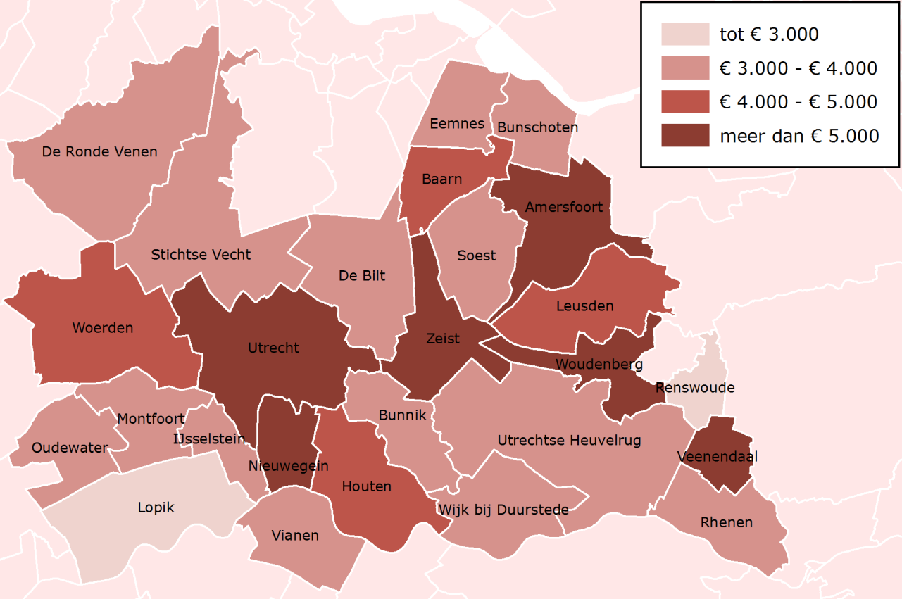 Renswoude en Lopik blijven qua omzet per inwoner aanzienlijk achter bij de overige Utrechtse gemeenten.