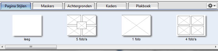 2.7 Bibliotheek Onderin het ontwerpscherm vindt u de bibliotheek waarin de verschillende paginastijlen, maskers, achtergronden, kaders en plakboekitems zijn weergegeven.